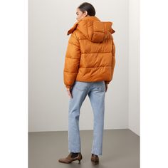 Orange nylon (100% Polyester). Puffer. Long sleeves. High neck. Front zipper fly with button closure. 23" from shoulder to hemline. Imported. Nylon Outerwear With Padded Collar For Fall, Spring Hooded Puffer Jacket For Workwear, Trendy Nylon Puffer Jacket For Fall, Nylon Outerwear With Padded Collar For Cold Weather, Fall Nylon Outerwear With Detachable Hood, Nylon Fall Outerwear With Pockets, Trendy Hooded Puffer Jacket For Work, Nylon Outerwear For Work In Fall, Trendy Nylon Outerwear With Pockets