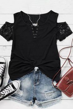 Black Lace Splicing Cold Shoulder T Shirt Casual Black T-shirt With Splicing, Trendy Black Patchwork T-shirt, Black Spliced Short Sleeve T-shirt, Black Patchwork Short Sleeve Tops, Trendy Black Blouse With Patchwork, Casual Black Top With Splicing, Trendy Black Tops With Patchwork, Black Casual Tops With Patchwork, Trendy Black Patchwork Tops