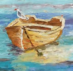 a painting of a boat in the water with a seagull perched on it