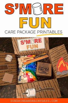 an open box filled with smore fun care package printables