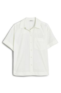 Crafted of cotton seersucker with a subtle dobby weave, this boxy button-up shirt is a laid-back essential with rolled short sleeves and a front patch pocket. 26" length (size Medium) Front button closure Spread collar Short sleeves Chest patch pocket 61% cotton, 27% polyester, 12% linen Machine wash, tumble dry Imported Cheap Garment Washed Button-up Shirt, White Shirt With Rolled Sleeves, White Button Shirt, Oversized Linen Shirt, Masc Outfits, Dobby Weave, White Collared Shirt, Technology Fashion, White Button Up