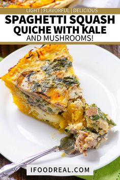 a slice of spaghetti squash quiche with kale and mushrooms on a white plate