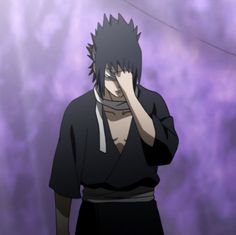 an anime character holding his head with one hand and looking to the side while standing in front of a purple background