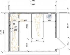 a drawing of a bathroom with measurements for the shower and toilet area, as well as an image of a person standing in it