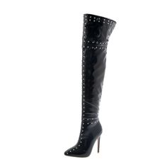 a high heeled black boot with rivets on the side