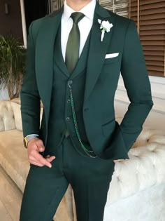 Green Slim-Fit Suit 3-Piece | BOJONI Green Taxido Suit For Men, Men Brown And Green Outfit, Prince Naveen Tuxedo, Emerald Suits For Men, Forest Green Wedding Suit Grooms, Emerald Green Suits For Men Prom, Suite For Men Wedding, Emerald Green Suits For Men Wedding, Hunter Green Groomsmen Attire