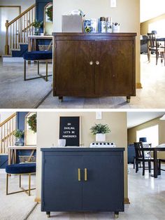 the before and after pictures show how to make a bar cart into a living room