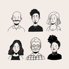 four people are shown in black and white, with one man's face drawn on the