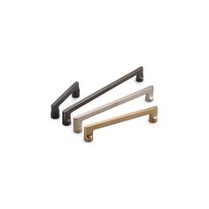 three different styles of handles and pulls on a white background, one is black, the other is gold