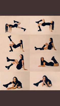 a woman is doing different poses on her stomach and knees, with one leg in the air