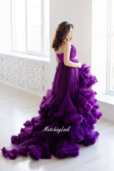 Purple Maternity Gown, Photoshoot Dress, Tulle Ruffle Dress Maternity gown in purple color with ruffled tulle bottom and train. Maternity dress is perfect for photo shoot. Pregnancy gown is tailored of 50 metres of soft tulle, has adjustable corset upper so can be used for different sizes. You can also order it as mother daughter matching set. Dress for daughter will cost 100 eur Dress is available in more than 100 colors. Contact me about color you wish. Dress is fully handmade, so some details Purple Tulle Gown For Party, Purple Tulle Party Gown, Purple Ruffle Wedding Dresses, Purple Ruffled Wedding Dresses, Purple Fitted Tulle Ball Gown, Lavender Ruffled Dress For Wedding, Purple Tulle Ball Gown For Evening, Purple Ruffled Evening Dress For Wedding, Purple Tulle Evening Gown