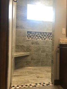 a walk in shower sitting inside of a bathroom