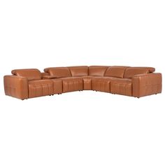 a brown leather sectional sofa with two reclinings on the bottom and one end