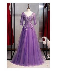 Shop purple long tulle vneck prom dress with appliques sleeves online. All instock with free shipping. Pro since 2009. Purple Princess Dress Kids, Bridesmaids Gowns With Sleeves, Purple Princess Dress, Black Formal Gown, Purple Long Sleeve Dress, Princess Dress Kids, Violet Dresses, Cinderella Dresses, Chiffon Evening Dresses