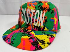 Vintage 90's Boston SPLASH Paint SPLATTER Cap Bright Hat NEON HiP HoP Multi-Color Cotton Snap Back Multicolor Cap For Streetwear, Multicolor Streetwear Hat, One Size Fits Most, Casual Multicolor 5-panel Trucker Hat, Retro Multicolor Snapback Baseball Cap, Multicolor Flat Bill Trucker Hat For Streetwear, Retro Multicolor Snapback Hat, Multicolor Snapback Baseball Cap For Streetwear, Retro Snapback Hat For Spring Streetwear, Multicolor Flat Bill Snapback Hat For Beach