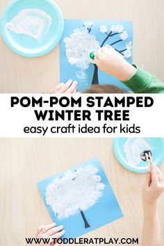 kids are painting trees on paper plates with the words pom - pom stamped winter tree