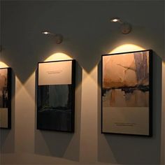 three framed pictures hanging on the wall next to each other with light bulbs above them