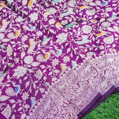 Handwoven Purple Pure Katan Silk Banarasi Shikargah Fabric - Khinkhwab Transitional Bollywood Blouse Piece With Woven Motifs, Festival Banarasi Silk Saree With Woven Motifs, Purple Brocade Saree With Traditional Patterns, Traditional Purple Brocade Saree, Transitional Purple Brocade Dupatta, Purple Jamawar Traditional Wear With Patterns, Purple Dupatta With Woven Motifs In Traditional Drape, Unstitched Traditional Purple Blouse Piece, Festive Handloom Jamawar Blouse Piece