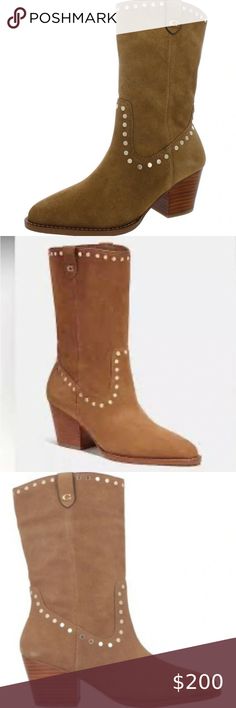 NWT Coach||Phoebe Suede Suede Studded Pointed Toe Ankle Boots in tan Coach Shoes, Ankle Boots, Boots, Fashion Tips