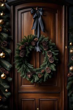 a christmas wreath is hanging on the front door with pine cones and bells around it