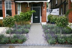 a black and white checkered walkway in front of a brick house with plants on each side