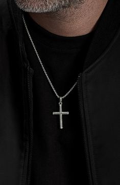 Sterling silver. Cross, 35 x 24mm. Chain sold separately. By David Yurman; made in the USA. Men’s Chains Silver, Cross Chain Men, Men Cross Necklace, Cross Necklace Men, Cross Necklace For Men, David Yurman Mens, Mens Cross Necklace, Mens Crosses, Cross Chain