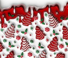 an image of red and green christmas decorations on white frosted paper with candy canes