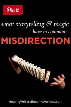 a hand holding playing cards with the words, what story telling and magic have in common mis