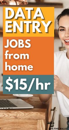 a woman holding up a sign that says data entry jobs from home $ 15 / hr