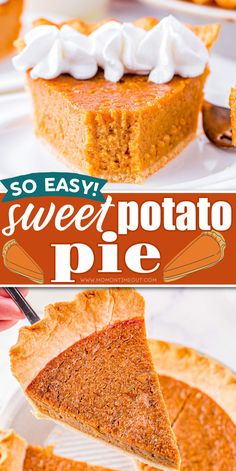 a slice of sweet potato pie with whipped cream on top and the title overlay reads so easy sweet potato pie