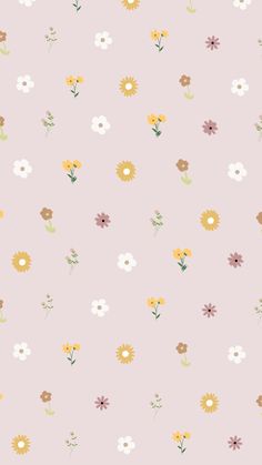 a pink wallpaper with flowers and leaves on the bottom right corner is an image of small white, brown, yellow, and orange daisies