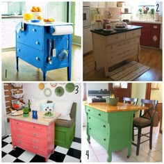 four different kitchen island designs in various colors and sizes, including green, pink, blue, yellow