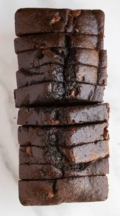 chocolate brownies stacked on top of each other