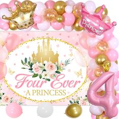 a pink and gold princess birthday party with balloons, streamers, tiables and confetti