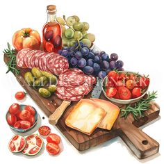 a painting of meat and vegetables on a cutting board with bread, tomatoes, olives, grapes, tomatoes, cheese