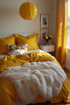 a bed with yellow comforters and pillows in a bedroom next to a large window