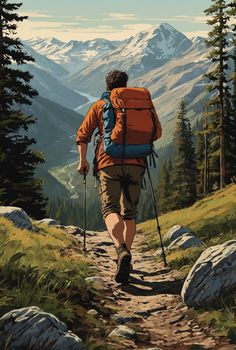 a painting of a man hiking up a trail in the mountains with his backpack on