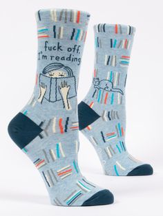 You'd be forgiven for thinking that she's a quiet, docile, meek bookworm. But only the first time. Blue Q's Women's shoe size 5-10. 50% combed cotton, 48% nylon and 2% spandex. Reading Socks, Blue Q Socks, Blue Q, Women Crew Socks, Reading Gifts, Funny Socks, Novelty Socks, Book Lovers Gifts, Ankle Socks