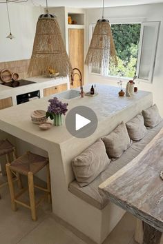 a kitchen with an island counter top and stools