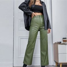 Green Leather Pants For Spring Workwear, Spring Workwear Green Leather Pants, High-waist Green Leather Pants For Fall, Chic Green Leather Pants For Work, High Waist Green Leather Pants For Fall, Green Leather Pants For Work In Fall, Trendy Green Straight Leg Leather Pants, Trendy Green Leather Pants For Work, Leather Pants Outfit