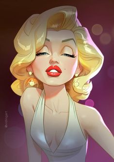 a drawing of a woman with blonde hair and red lips wearing a white halter top