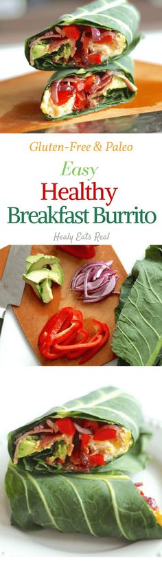 the healthy breakfast burrito is cut in half and ready to be eaten