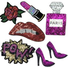 some glittery items are on display in front of a white background with the word paris