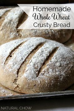 homemade whole wheat crusty bread on a baking sheet with text overlay that reads homemade whole wheat crusty bread