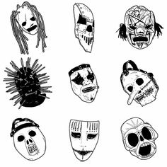 six different types of masks drawn in black and white