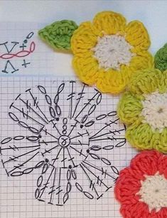 three crocheted flowers sitting next to each other on top of a piece of paper