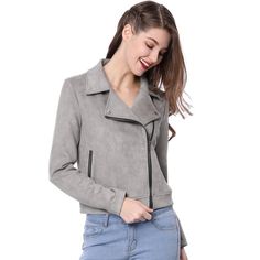 Make a smart casual look with this faux suede moto jacket. This cropped biker jacket is never out of style. The fabric is very soft and perfect thickness for all year round. Feel free to layer over blouse and chunky knit alike. Model is wearing in size XS (Height: 5'7", Chest: 33 inches, Waist: 24 inches, Hip: 36 3/8 inches, Weight: 122 lbs) Size: large. Color: gray. Gender: female. Age Group: adult. Pattern: Solid. Material: Polyester. Cropped Biker Jacket, Womens Moto Jacket, Suede Biker, Faux Suede Moto Jacket, Button Decor, Convertible Collar, Moto Biker Jacket, Suede Moto Jacket, Faux Suede Fabric