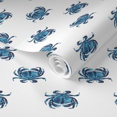 blue crabs on white background wallpaper in an ocean themed room, with the image of a crab