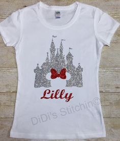 All girls love Cinderellas Castle. The shirt is done with glitter vinyl and you can chose what color castle you would like to have.  *****Please include in note to seller*****   1. Color choice of castle 2. Childs name   This tee has a delicate style with scalloped details on neck and sleeve. Contrast 2X1 rib fabric on neck and sleeve 3/8 neck band 1X1 baby rib, 100% cotton ring spun combed. Personalized Disney Shirts, Girls Disney Shirts, Kids Disney Shirts, Disney Christmas Shirts, Glitter Shirt