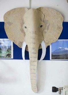 an elephant's head made out of cardboard on a wall with pictures behind it